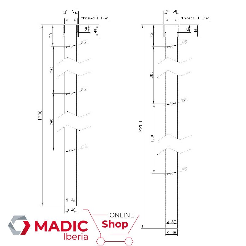 Tubo 1700 mm Guia Calibre Aluminio 100117 Equiptank